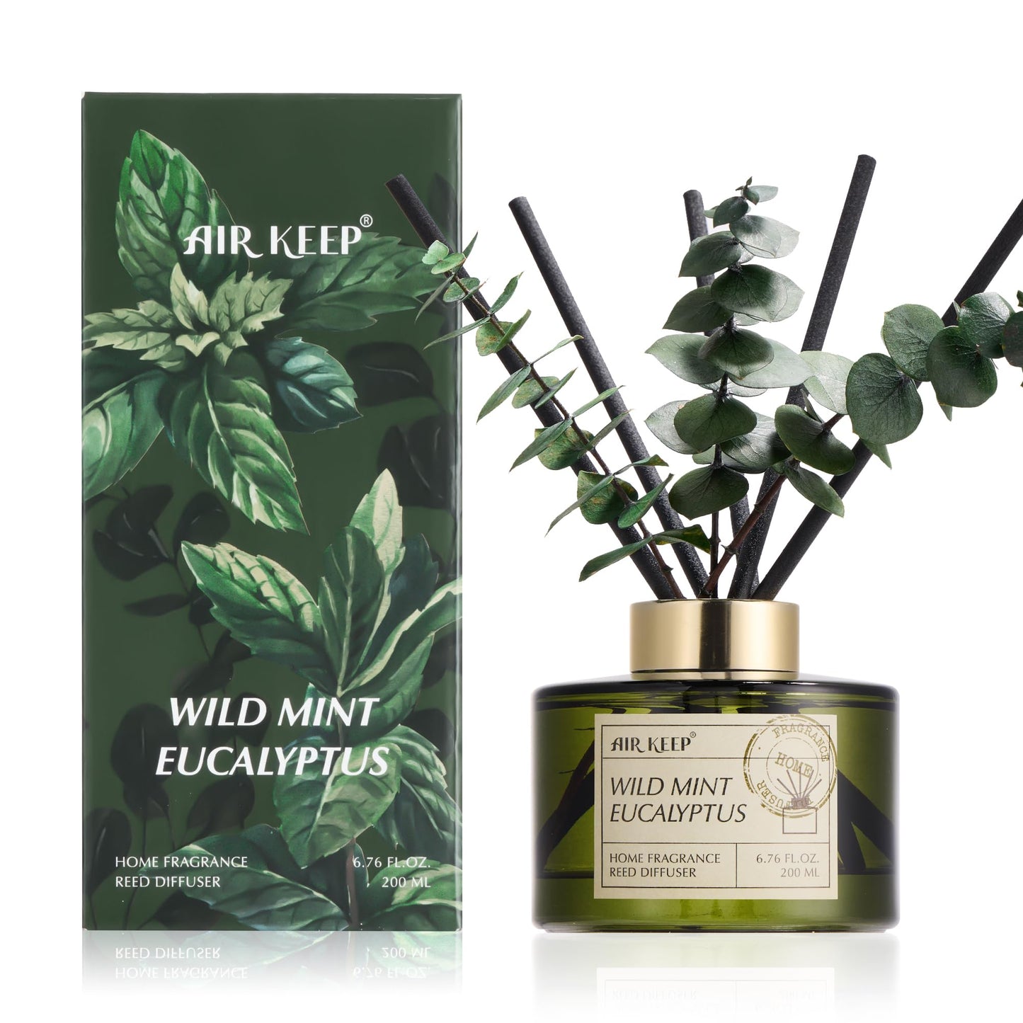 Airkeep Reed Diffuser Set with 6.76 fl oz Forest Mist Scent Essential Oils and 3 Leaves & 8 Diffuser Sticks,Bathroom Shelf Decor & Air Freshener, House Bedroom Office Decor & Gifts