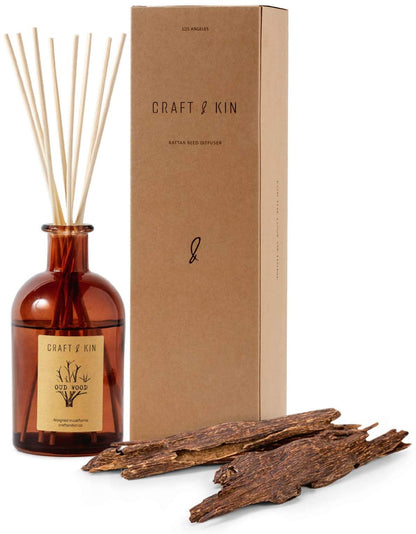 Craft & Kin Lily & Jasmine Reed Diffuser – 5.75 oz Essential Oil Diffuser for Home & Bathroom – Up to 120-Day Fragrance with 8 Rattan Scent Sticks – Amber Glass Room Decor