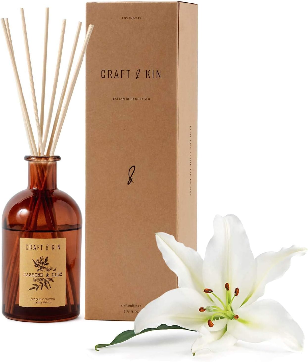 Craft & Kin Lily & Jasmine Reed Diffuser – 5.75 oz Essential Oil Diffuser for Home & Bathroom – Up to 120-Day Fragrance with 8 Rattan Scent Sticks – Amber Glass Room Decor