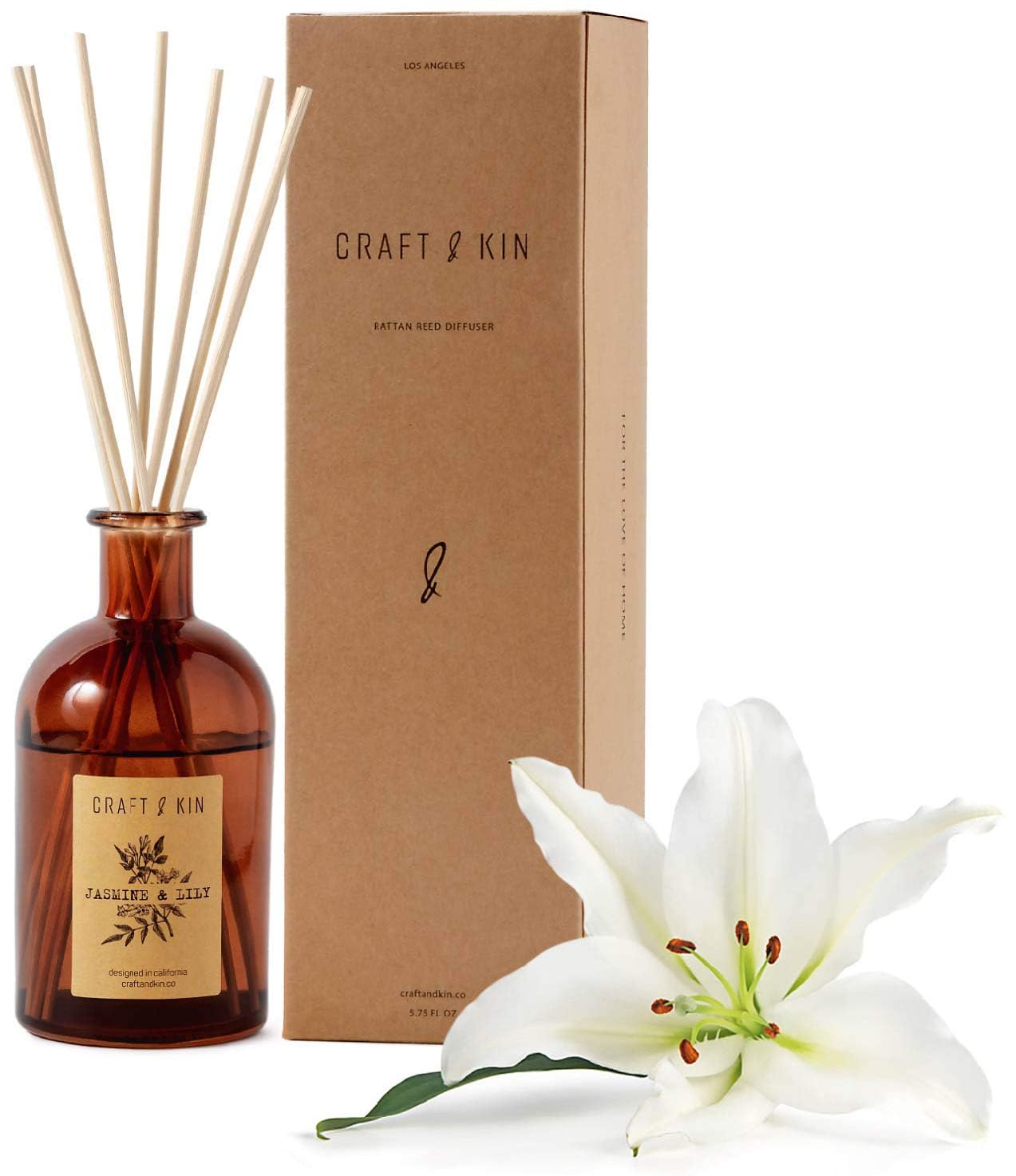 Craft & Kin Lily & Jasmine Reed Diffuser – 5.75 oz Essential Oil Diffuser for Home & Bathroom – Up to 120-Day Fragrance with 8 Rattan Scent Sticks – Amber Glass Room Decor