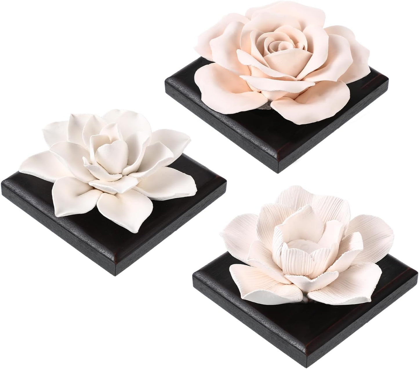 3 Pcs Passive Essential Oil Diffuser Stone Set, Magnolia Lotus Rose Flower Passive Diffusers with Wood Base for Car, Desk, Bedroom, Home Decor Gift, No Essential Oil