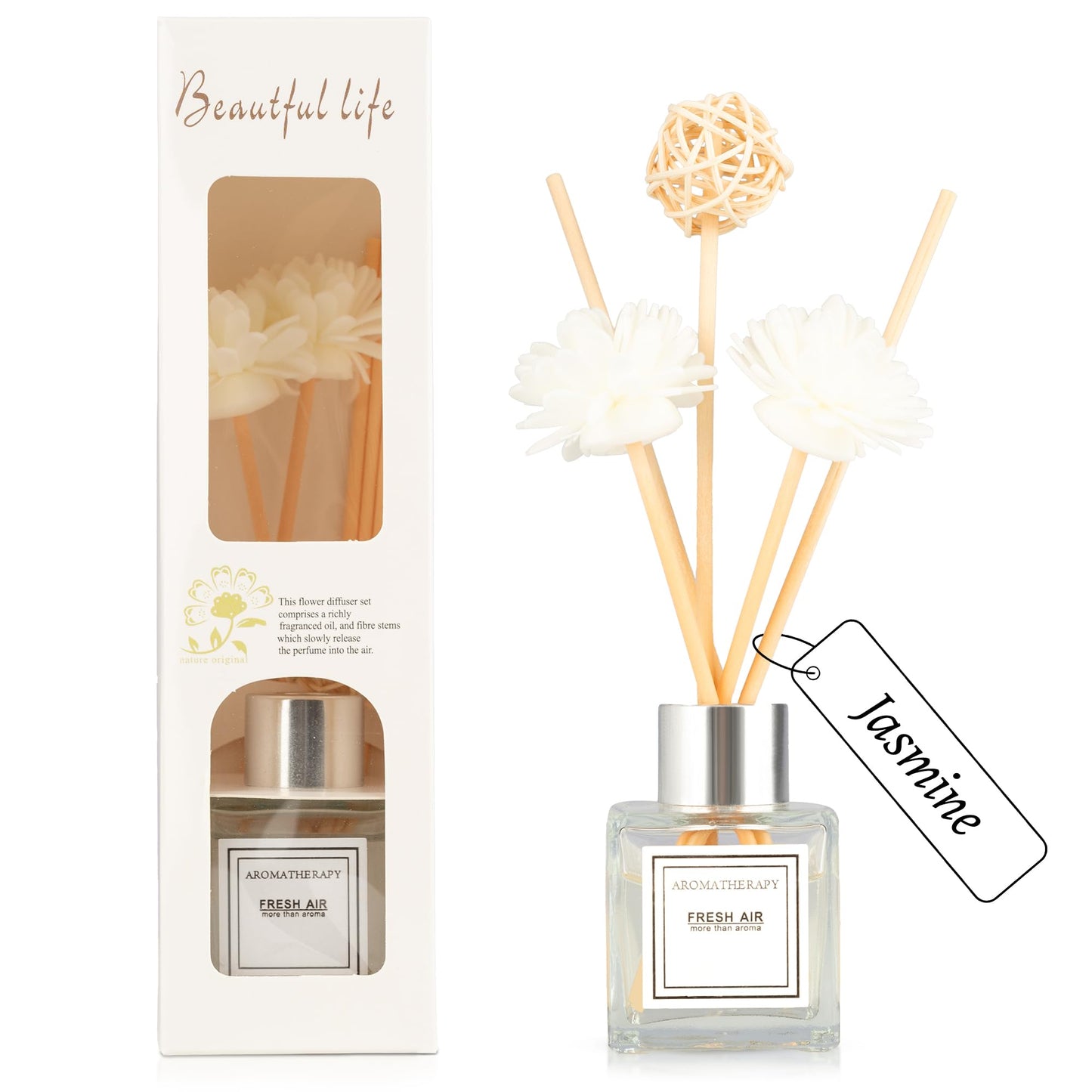Reed Diffuser Set, 1.7 fl oz Scent Diffuser with Sticks, Jasmine Scent for Bathroom Accessories Shelf Decor, Air Fresheners for Home, Home Fragrance Products, House Office Room Decor Aesthetic Gift