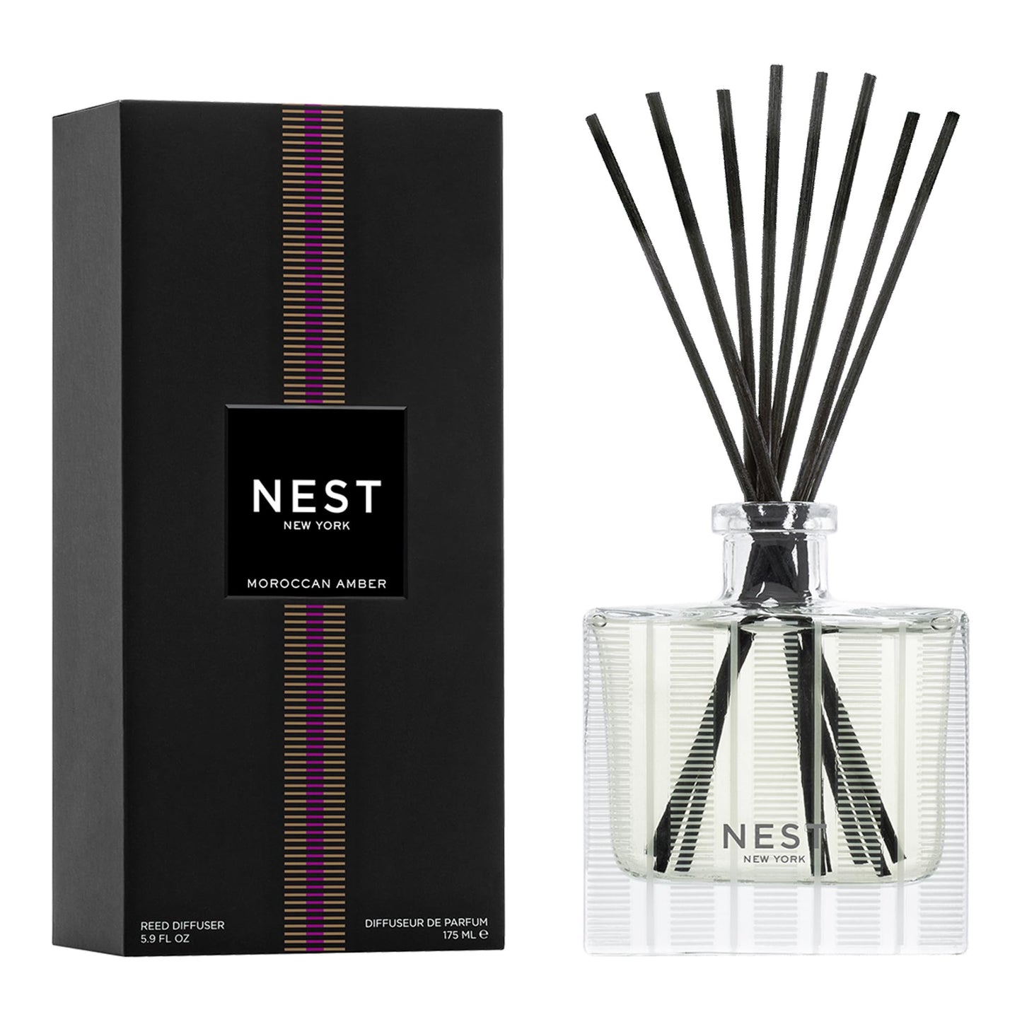 NEST New York Reed Diffuser, Bamboo - 5.9 fl oz - Fragrance for Up to 90 Days - Reusable, Refillable Glass Holder - Includes 8 All-Natural Reed Sticks - Flame Free