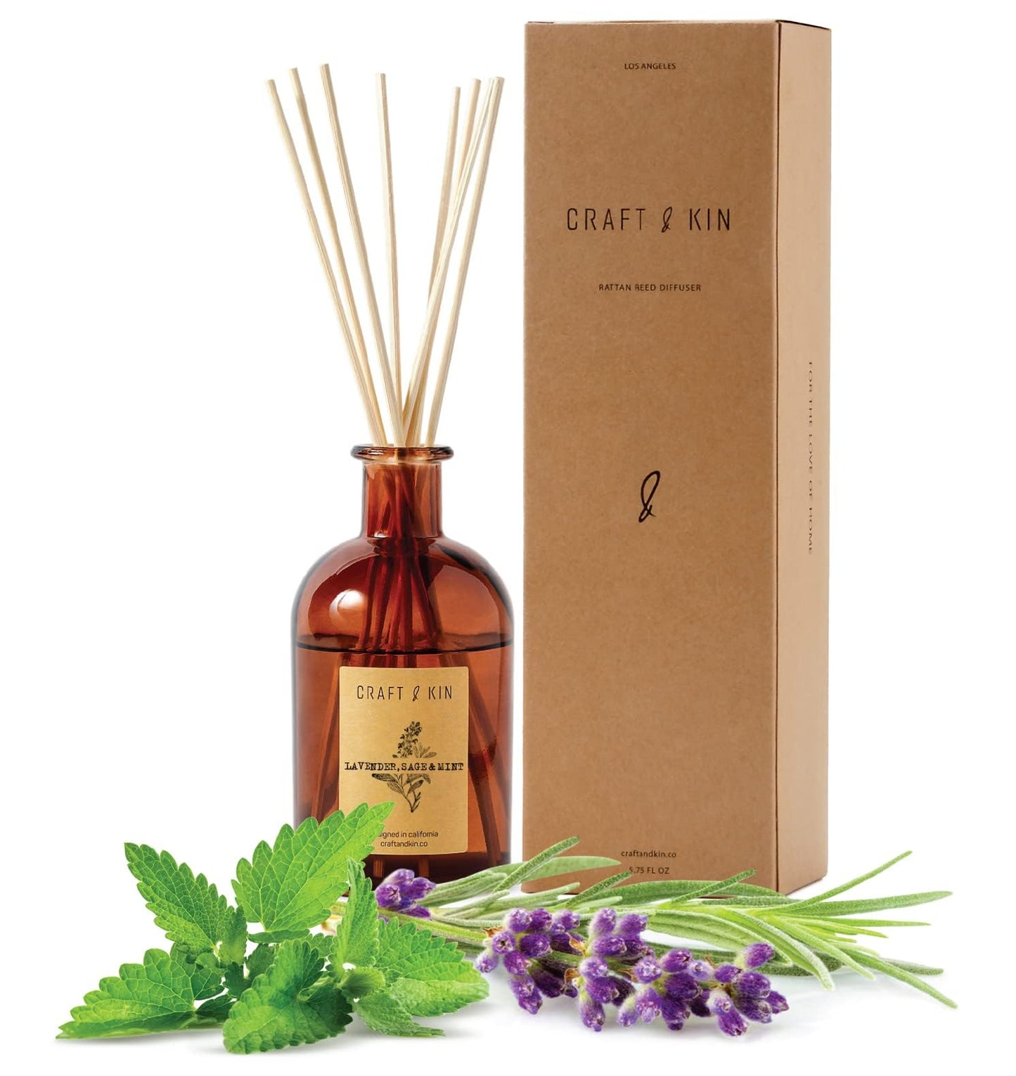 Craft & Kin Lily & Jasmine Reed Diffuser – 5.75 oz Essential Oil Diffuser for Home & Bathroom – Up to 120-Day Fragrance with 8 Rattan Scent Sticks – Amber Glass Room Decor