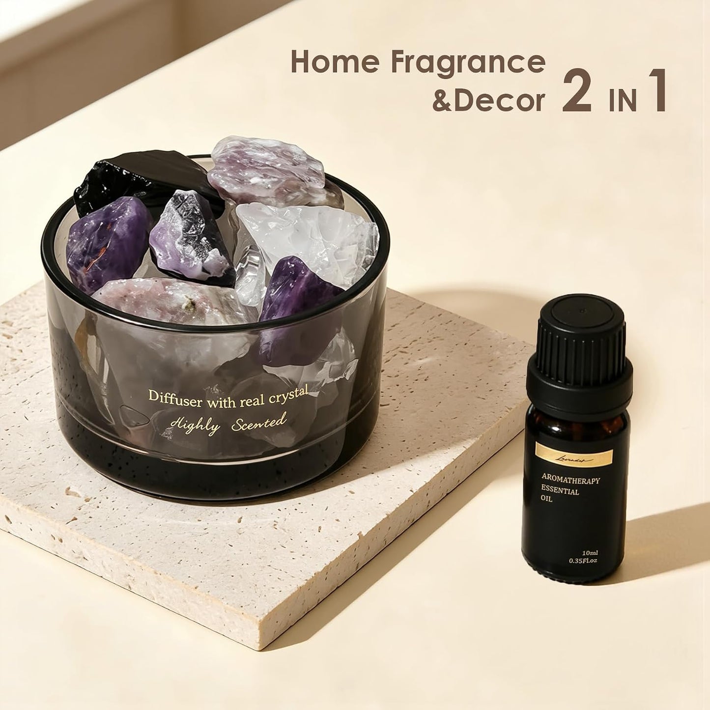 Crystal Stone Aroma Diffuser with Essential Oils for Home, Bathroom, Office, Home Decor & Fragrance 2 in 1, Chic Aromatherapy Gift Set (Lavender Scent)