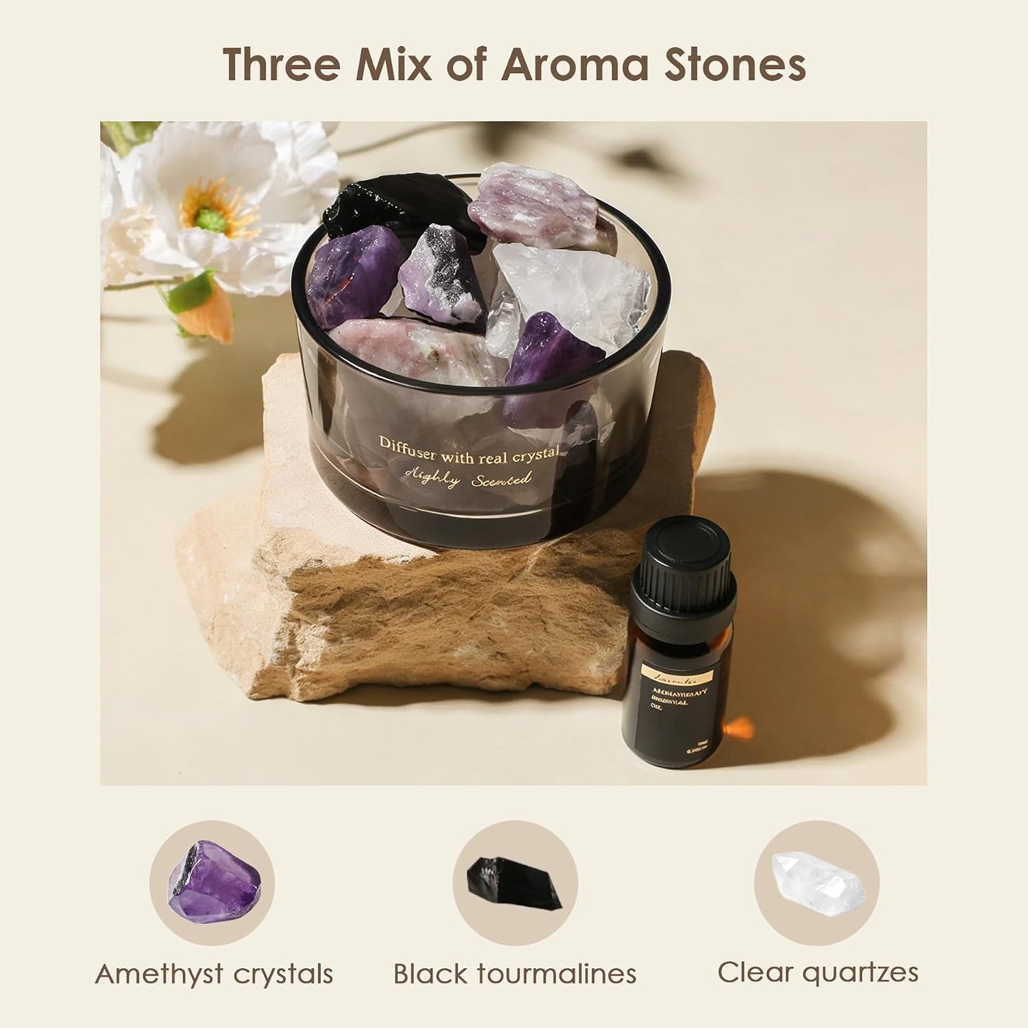 Crystal Stone Aroma Diffuser with Essential Oils for Home, Bathroom, Office, Home Decor & Fragrance 2 in 1, Chic Aromatherapy Gift Set (Lavender Scent)