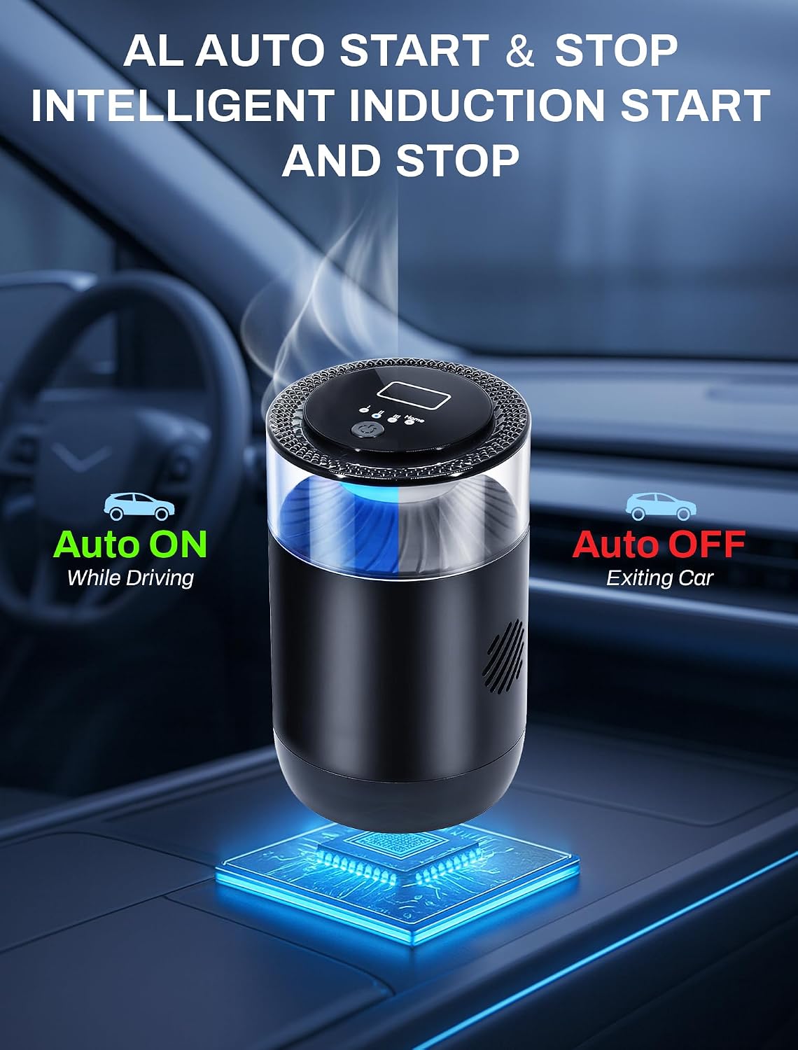 Smart Car Air Freshener,Ambient Light & Mist Fragrance,2 Pack Refill for 6 Months,Auto On/Off,3 Adjustable Modes,Black Air Freshener Perfect for Car,Bedroom,Office,Restrooms. (Mystic Ice)
