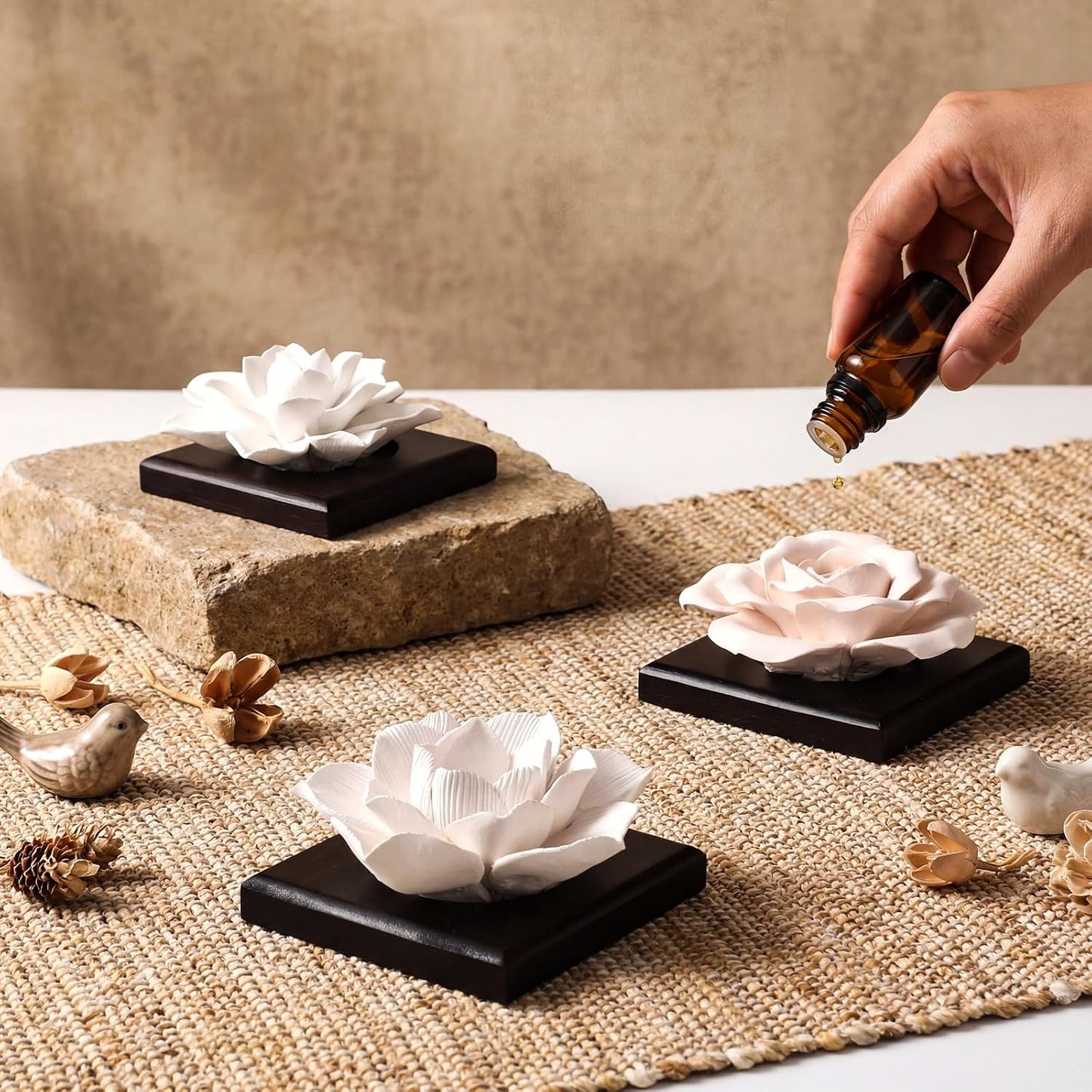 3 Pcs Passive Essential Oil Diffuser Stone Set, Magnolia Lotus Rose Flower Passive Diffusers with Wood Base for Car, Desk, Bedroom, Home Decor Gift, No Essential Oil