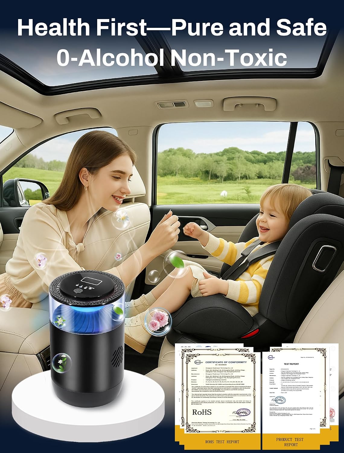 Smart Car Air Freshener,Ambient Light & Mist Fragrance,2 Pack Refill for 6 Months,Auto On/Off,3 Adjustable Modes,Black Air Freshener Perfect for Car,Bedroom,Office,Restrooms. (Mystic Ice)