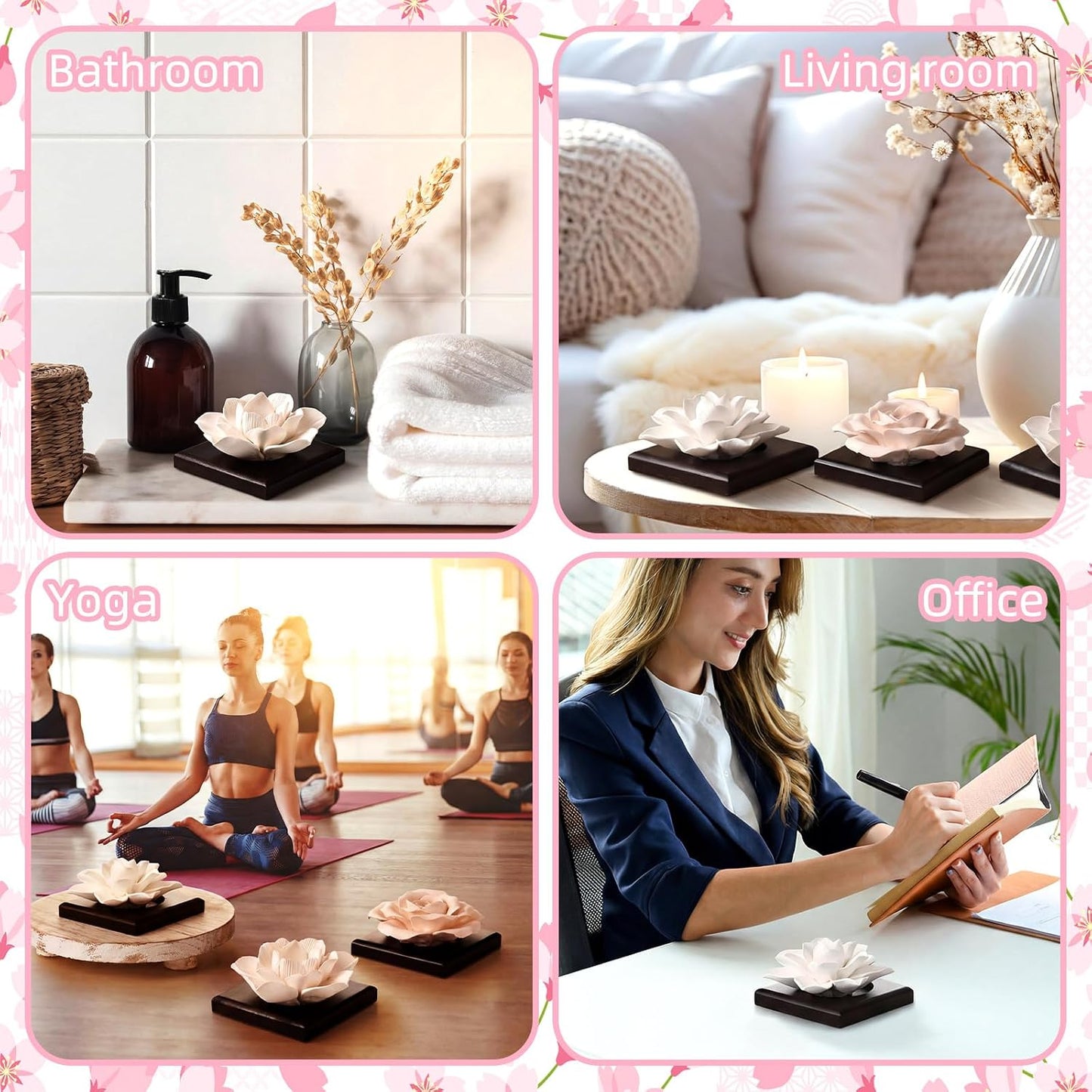 3 Pcs Passive Essential Oil Diffuser Stone Set, Magnolia Lotus Rose Flower Passive Diffusers with Wood Base for Car, Desk, Bedroom, Home Decor Gift, No Essential Oil