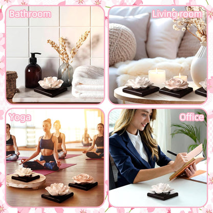 3 Pcs Passive Essential Oil Diffuser Stone Set, Magnolia Lotus Rose Flower Passive Diffusers with Wood Base for Car, Desk, Bedroom, Home Decor Gift, No Essential Oil