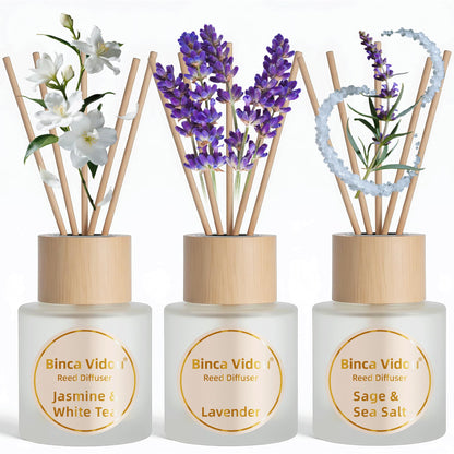 Reed Diffuser Set, Binca Vidou Lavender & Vanilla Natural Scent Oil Diffusers with Sticks for Home Office Bathroom Aromatherapy Decor 1.69oz x 2