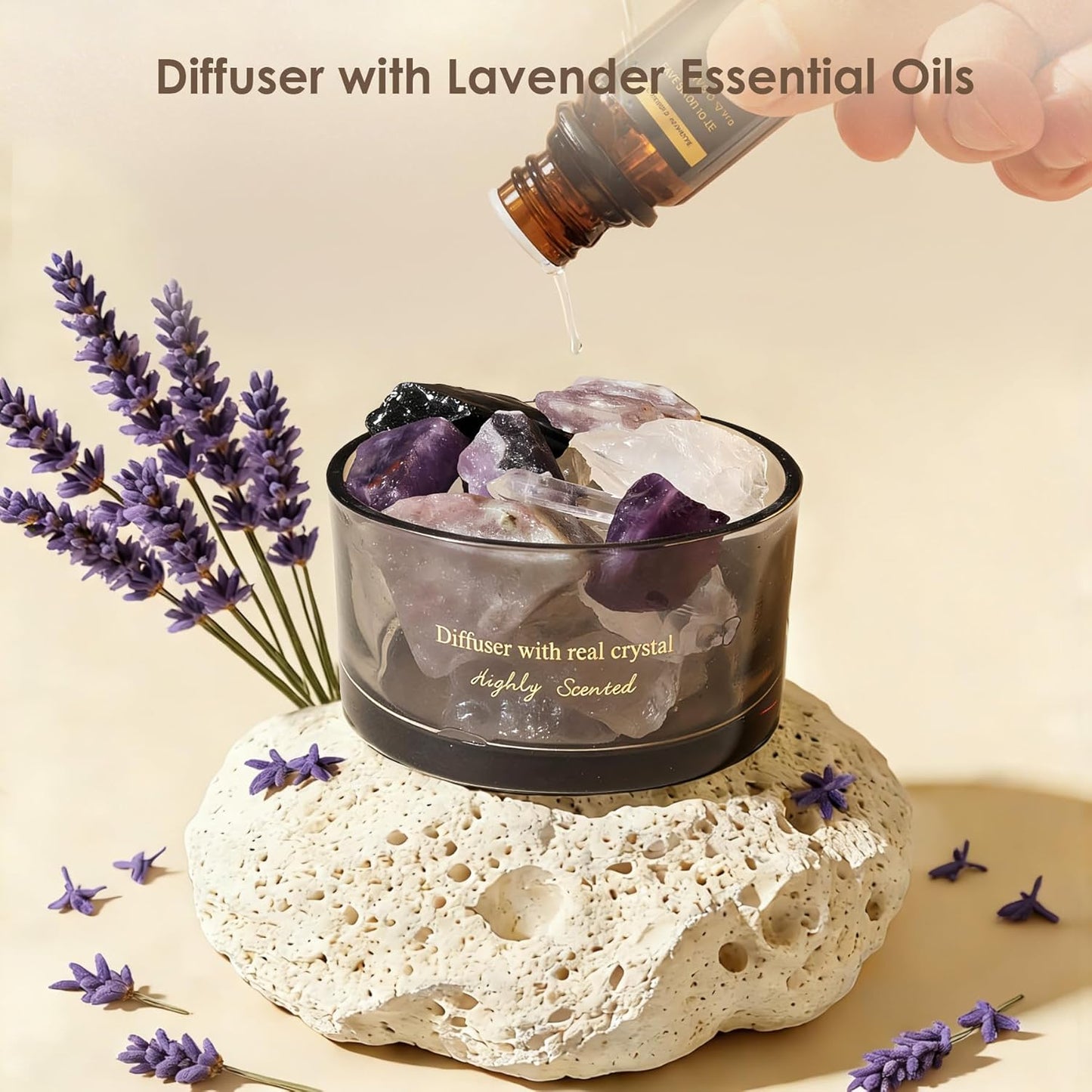 Crystal Stone Aroma Diffuser with Essential Oils for Home, Bathroom, Office, Home Decor & Fragrance 2 in 1, Chic Aromatherapy Gift Set (Lavender Scent)