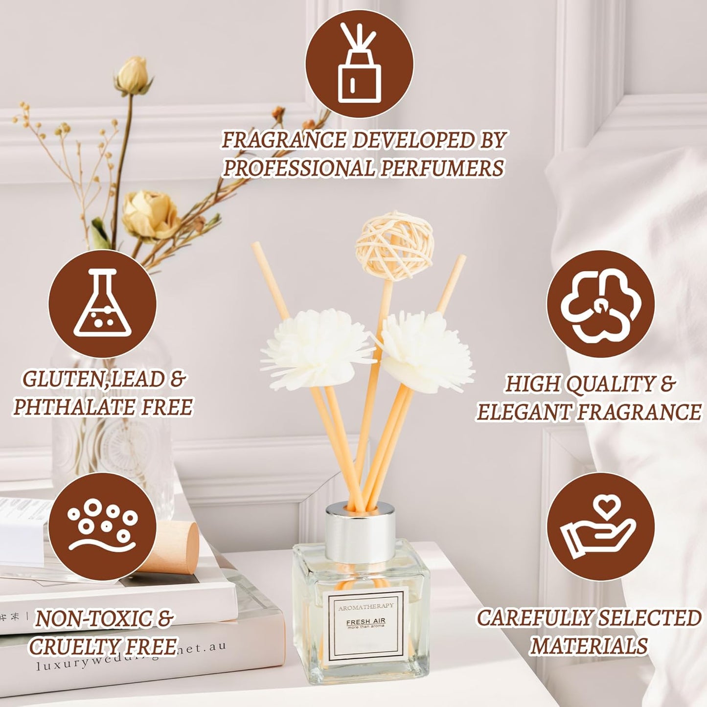Reed Diffuser Set, 1.7 fl oz Scent Diffuser with Sticks, Jasmine Scent for Bathroom Accessories Shelf Decor, Air Fresheners for Home, Home Fragrance Products, House Office Room Decor Aesthetic Gift
