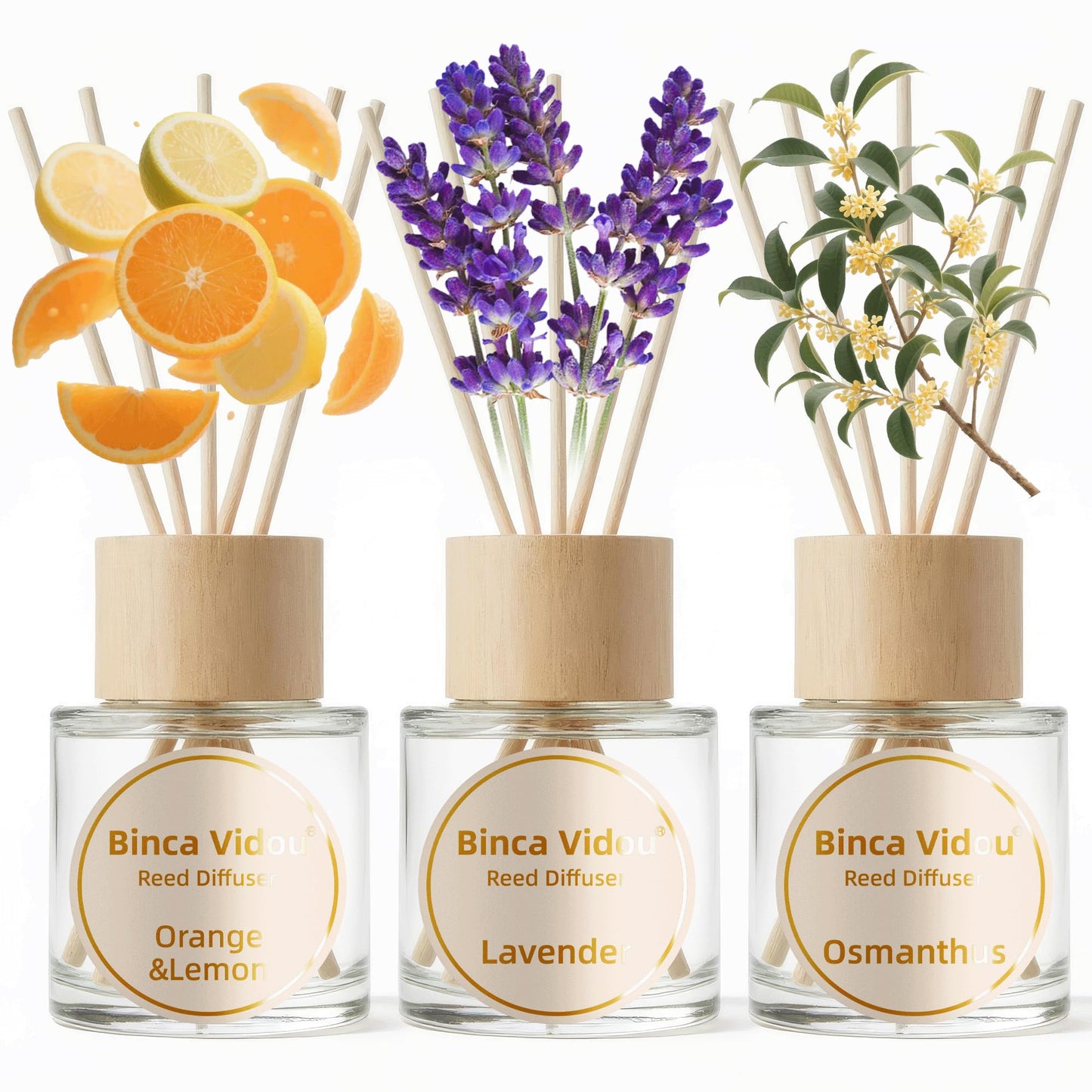 Reed Diffuser Set, Binca Vidou Lavender & Vanilla Natural Scent Oil Diffusers with Sticks for Home Office Bathroom Aromatherapy Decor 1.69oz x 2