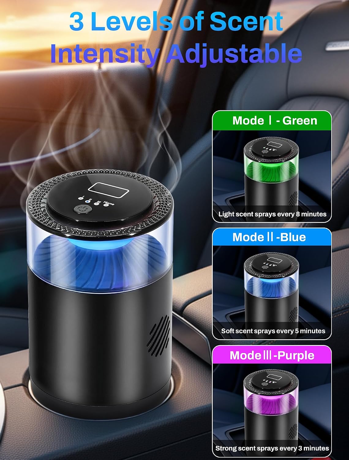 Smart Car Air Freshener,Ambient Light & Mist Fragrance,2 Pack Refill for 6 Months,Auto On/Off,3 Adjustable Modes,Black Air Freshener Perfect for Car,Bedroom,Office,Restrooms. (Mystic Ice)