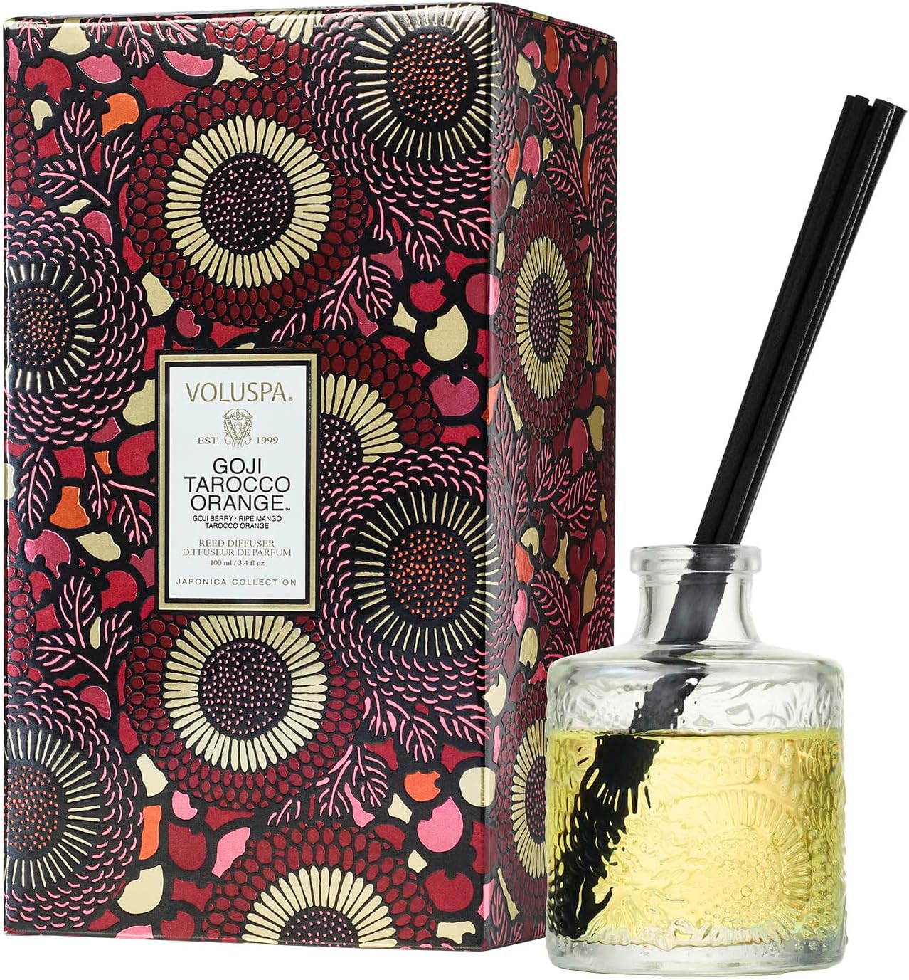 Voluspa Goji Tarocco Orange Scented Reed Diffuser, 3.4 oz, Luxury Citrus Diffuser, Oil Reed Diffusers for Home, Handcrafted in the USA