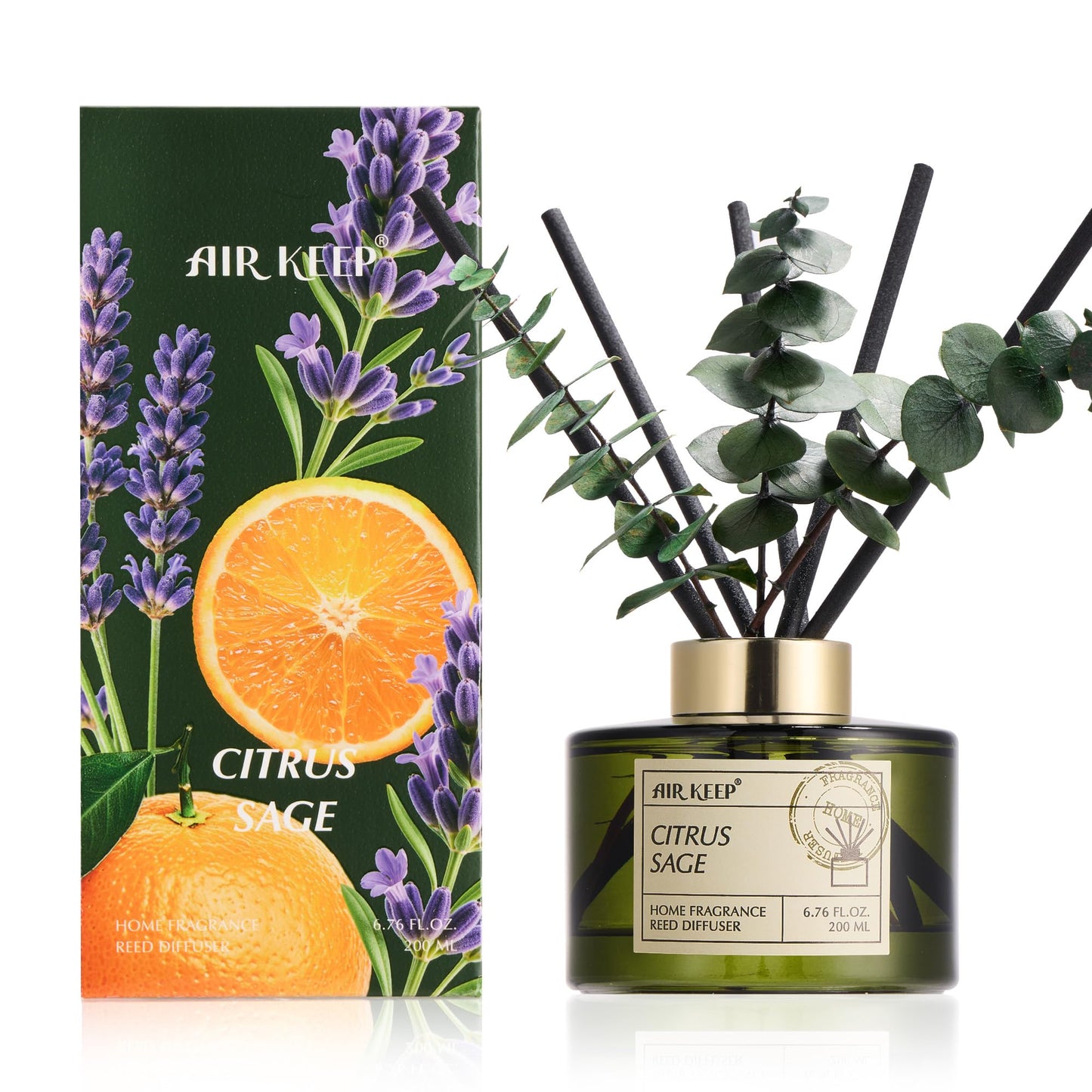 Airkeep Reed Diffuser Set with 6.76 fl oz Forest Mist Scent Essential Oils and 3 Leaves & 8 Diffuser Sticks,Bathroom Shelf Decor & Air Freshener, House Bedroom Office Decor & Gifts