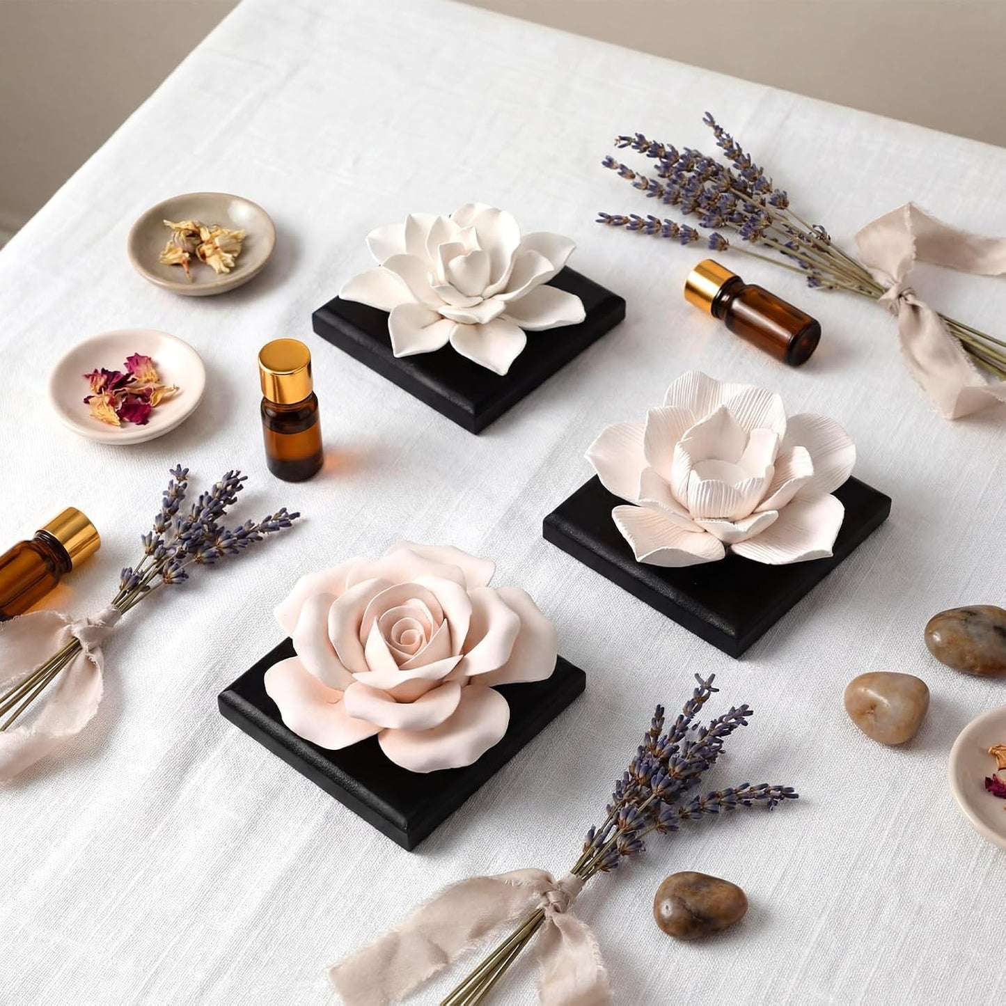 3 Pcs Passive Essential Oil Diffuser Stone Set, Magnolia Lotus Rose Flower Passive Diffusers with Wood Base for Car, Desk, Bedroom, Home Decor Gift, No Essential Oil